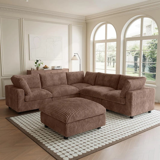 Premium Classic Cloud Sectional Couches | 6-Piece Plush Fabric Brown A Strong Wood Frame Sofa Sets 5-seaters with 1-Ottomans