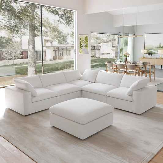Premium Luxe Cloud Sectional Couches | 6-Piece Linen White Modular Design Sofa Sets 5-seaters with 1-Ottomans