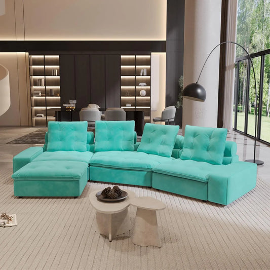 Premium Adjustable Cloud Sectional Couches | 4-Piece Velvet Tiffany Blue Modular Design L-Shaped Sectionals 4-seaters with 1-Ottomans