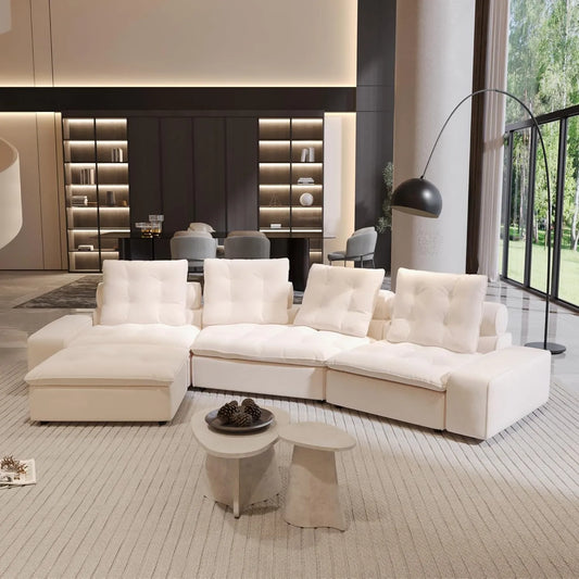 Premium Adjustable Cloud Sectional Couches | 4-Piece Velvet Beige Cloud-Like Comfort L-Shaped Sectionals 4-seaters with 1-Ottomans