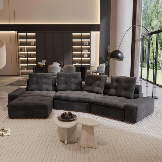 Premium Adjustable Cloud Sectional Couches | 4-Piece Velvet Grey A Cool Curved Sofa L-Shaped Sectionals 4-seaters with 1-Ottomans