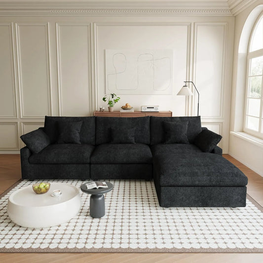 Premium Slope Cloud Sectional Couches | 4-Piece Linen Black Modular Design L-Shaped Sectionals 3-seaters with 1-Ottomans