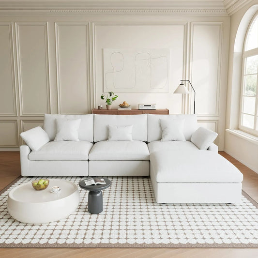 Premium Slope Cloud Sectional Couches | 4-Piece Linen White Modular Design L-Shaped Sectionals 3-seaters with 1-Ottomans