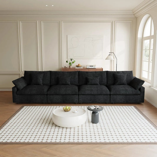 Premium Slope Cloud Sectional Couches | 4-Piece Linen Black Simple Beachy Style Couch Sectionals 4-seaters