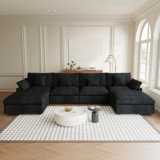 Premium Slope Cloud Sectional Couches | 6-Piece Linen Black Covers Are Easy To Wash U-Shaped Sectionals 4-seaters with 2-Ottomans