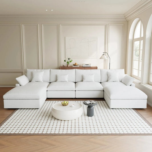 Premium Slope Cloud Sectional Couches | 6-Piece Linen White Unique Slope Armrest U-Shaped Sectionals 4-seaters with 2-Ottomans