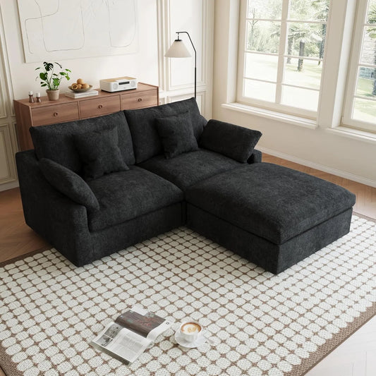 Premium Slope Cloud Sectional Couches | 3-Piece Linen Black Breathable Linen Fabric Chaise Sectionals 2-seaters with 1-Ottomans