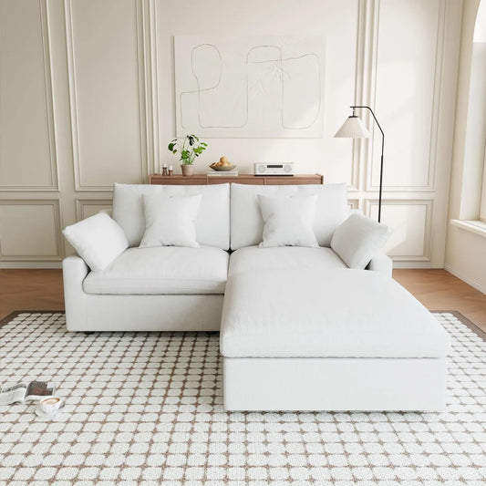 Premium Slope Cloud Sectional Couches | 3-Piece Linen White Cloud-Like Comfort Chaise Sectionals 2-seaters with 1-Ottomans