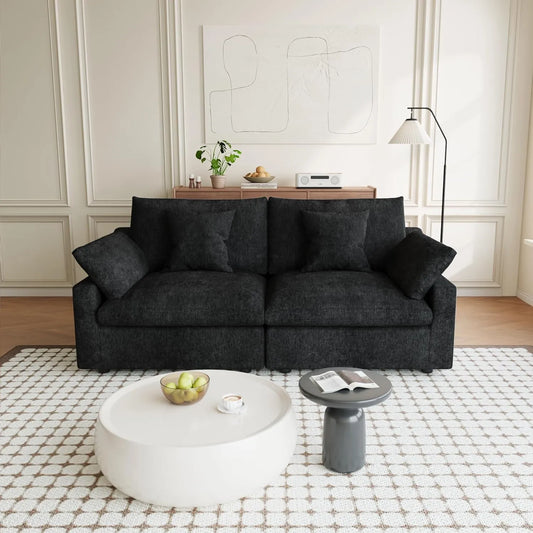 Premium Slope Cloud Sectional Couches | 2-Piece Linen Black Unique Slope Armrest Loveseats 2-seaters