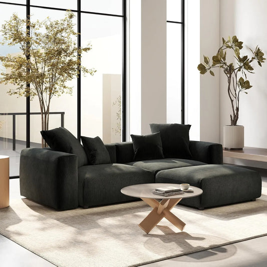 Exclusive Modern Modular Couches | 3-Piece Corduroy Black Safe For Kids Chaise Sectionals 2-seaters with 1-Ottomans