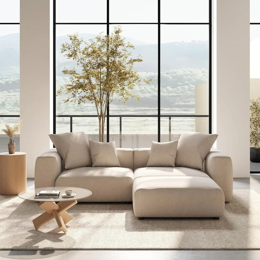 Exclusive Modern Modular Couches | 3-Piece Corduroy Beige Safe For Kids Chaise Sectionals 2-seaters with 1-Ottomans