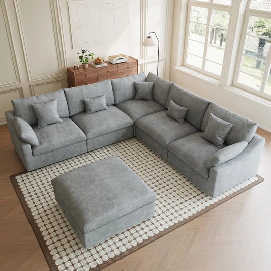 Premium Slope Cloud Sectional Couches | 6-Piece Linen Light Grey Modular Design Sofa Sets 4-seaters with 2-Ottomans