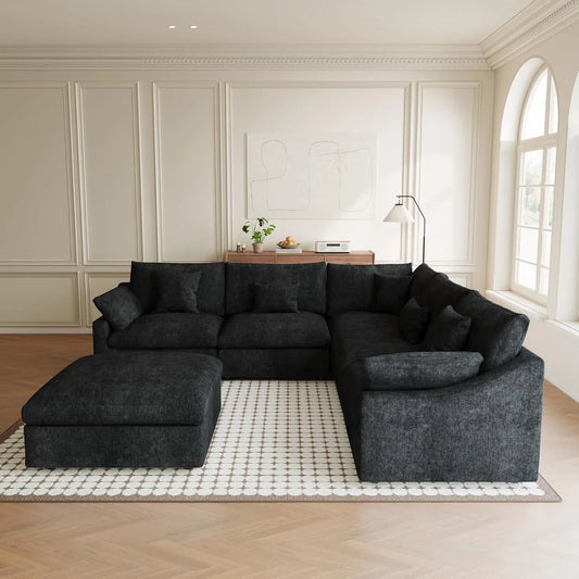 Premium Slope Cloud Sectional Couches | 6-Piece Linen Black Comfy Sloped Arms Sofa Sets 4-seaters with 2-Ottomans
