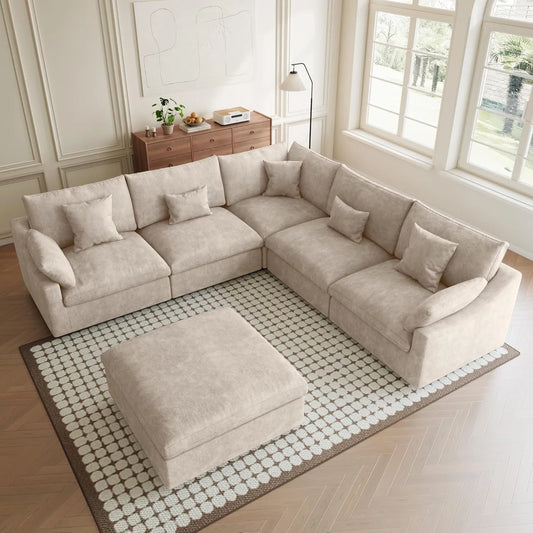 Premium Slope Cloud Sectional Couches | 6-Piece Linen Khaki Covers Off Wash On Sofa Sets 4-seaters with 2-Ottomans