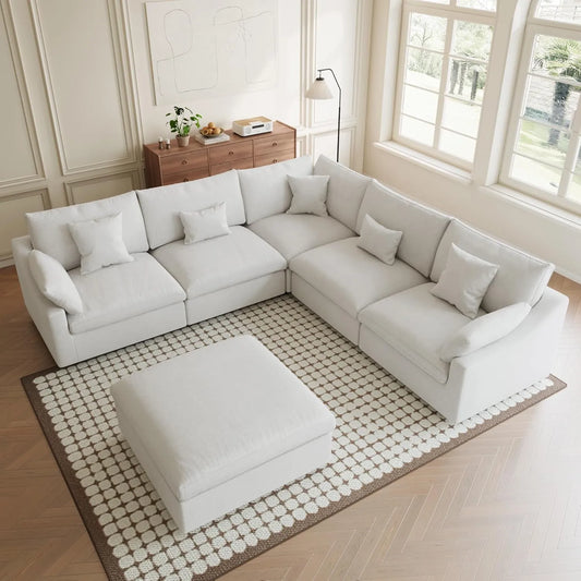 Premium Slope Cloud Sectional Couches | 6-Piece Linen White Totally Washable Covers Sofa Sets 4-seaters with 2-Ottomans