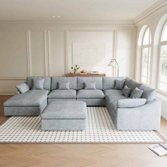 Premium Slope Cloud Sectional Couches | 8-Piece Linen Light Grey Cool And Comfy Fabric Sofa Sets 5-seaters with 3-Ottomans