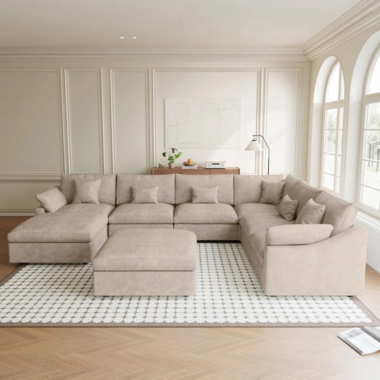 Premium Slope Cloud Sectional Couches | 8-Piece Linen Khaki Relaxed Airy Elegance Sofa Sets 5-seaters with 3-Ottomans