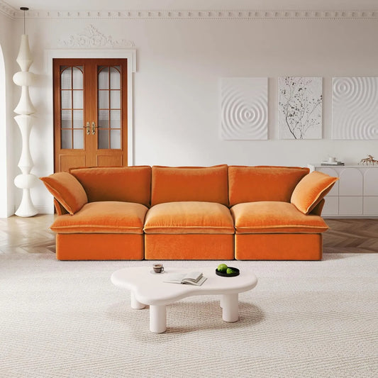 Premium Velvet Cloud Sectional Couches | 3-Piece Velvet Orange Roomy Comfy Seats Couch Sectionals 3-seaters