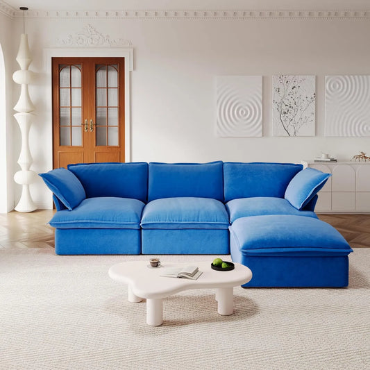 Premium Velvet Cloud Sectional Couches | 4-Piece Velvet Blue Rich Fancy Velvet L-Shaped Sectionals 3-seaters with 1-Ottomans
