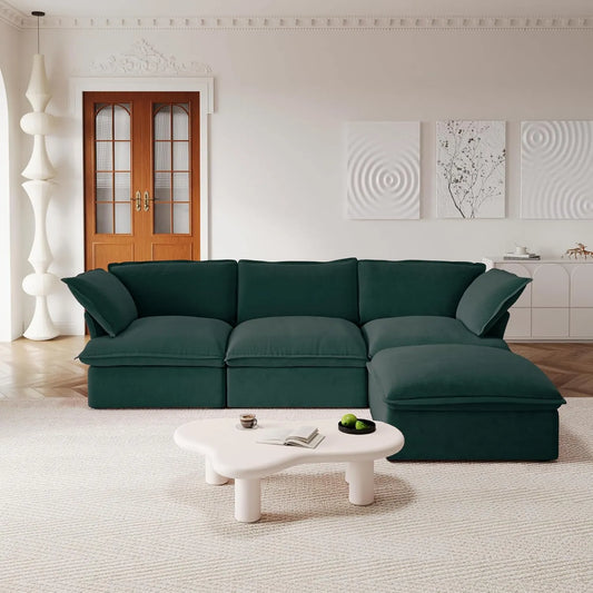 Premium Velvet Cloud Sectional Couches | 4-Piece Velvet Green Hidden Storage Box L-Shaped Sectionals 3-seaters with 1-Ottomans