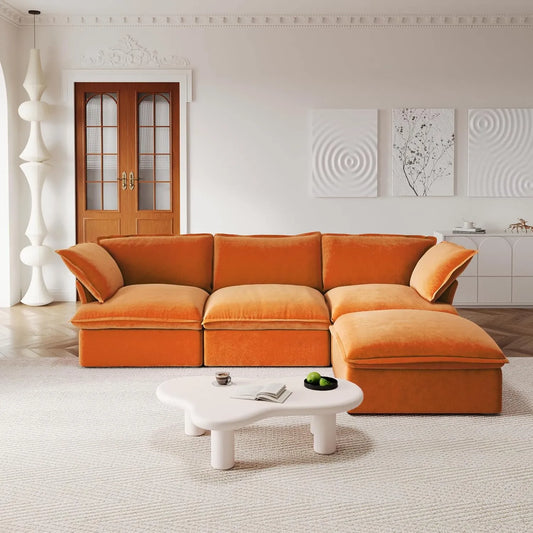 Premium Velvet Cloud Sectional Couches | 4-Piece Velvet Orange Rich Beautiful Fabric L-Shaped Sectionals 3-seaters with 1-Ottomans