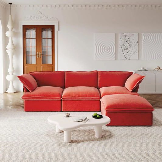 Premium Velvet Cloud Sectional Couches | 4-Piece Velvet Red Rich Elegance L-Shaped Sectionals 3-seaters with 1-Ottomans