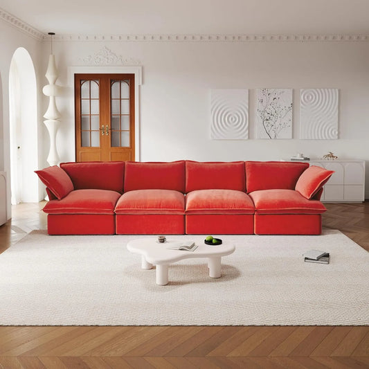 Premium Velvet Cloud Sectional Couches | 4-Piece Velvet Red Rich Fancy Velvet Couch Sectionals 4-seaters