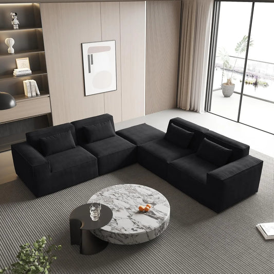 Exclusive Classic Sectional Couches | 4-Piece Corduroy Black Safe For Pets V-Shaped Sectionals 4-seaters with 1-Ottomans