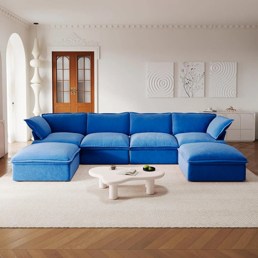 Premium Velvet Cloud Sectional Couches | 6-Piece Velvet Blue Simply Serene Seating U-Shaped Sectionals 4-seaters with 2-Ottomans
