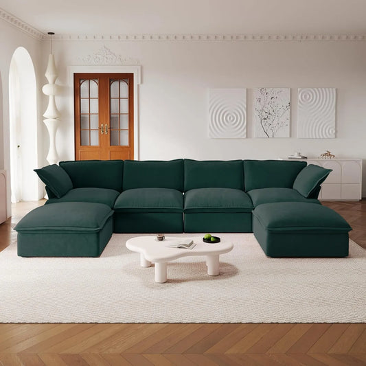 Premium Velvet Cloud Sectional Couches | 6-Piece Velvet Green Simply Serene Seating U-Shaped Sectionals 4-seaters with 2-Ottomans