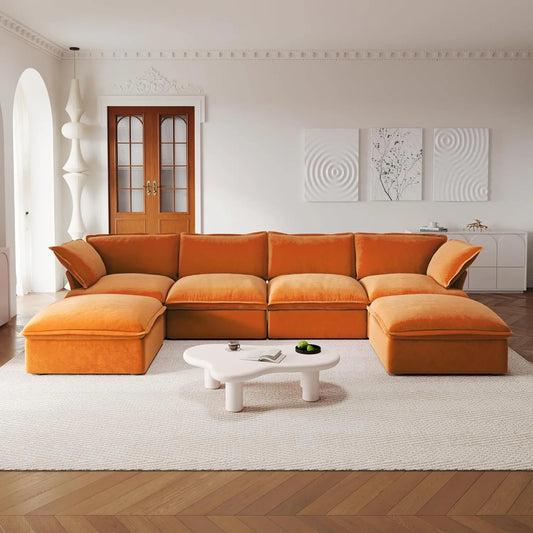 Premium Velvet Cloud Sectional Couches | 6-Piece Velvet Orange Modern Relaxed Living U-Shaped Sectionals 4-seaters with 2-Ottomans