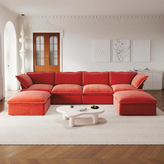 Premium Velvet Cloud Sectional Couches | 6-Piece Velvet Red Modular Design U-Shaped Sectionals 4-seaters with 2-Ottomans