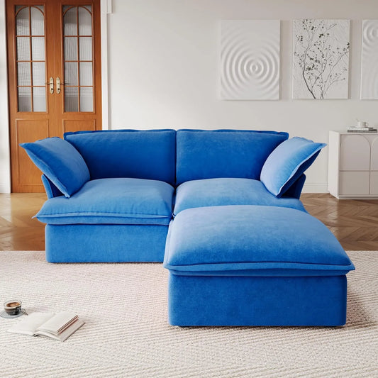Premium Velvet Cloud Sectional Couches | 3-Piece Velvet Blue Simply Serene Seating Chaise Sectionals 2-seaters with 1-Ottomans