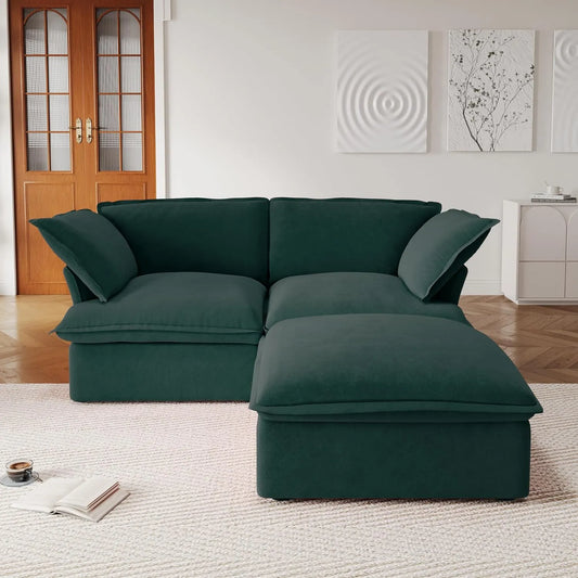 Premium Velvet Cloud Sectional Couches | 3-Piece Velvet Green Big Deep Seats Chaise Sectionals 2-seaters with 1-Ottomans
