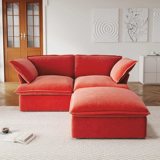 Premium Velvet Cloud Sectional Couches | 3-Piece Velvet Red Neutral Silhouette Chaise Sectionals 2-seaters with 1-Ottomans