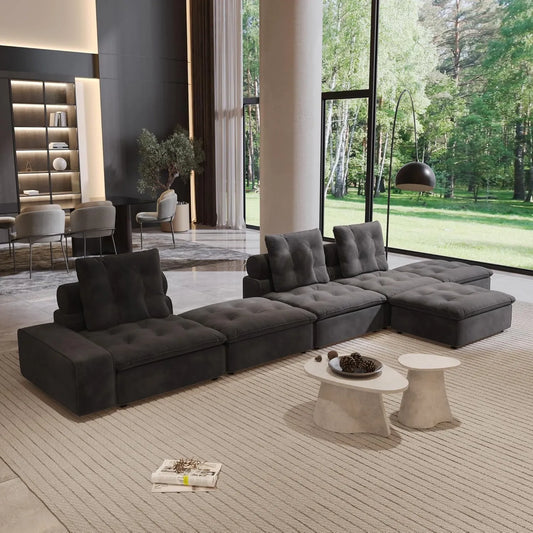 Premium Adjustable Cloud Sectional Couches | 6-Piece Velvet Grey Creative Curved Corner Sofa Sets 3-seaters with 3-Ottomans