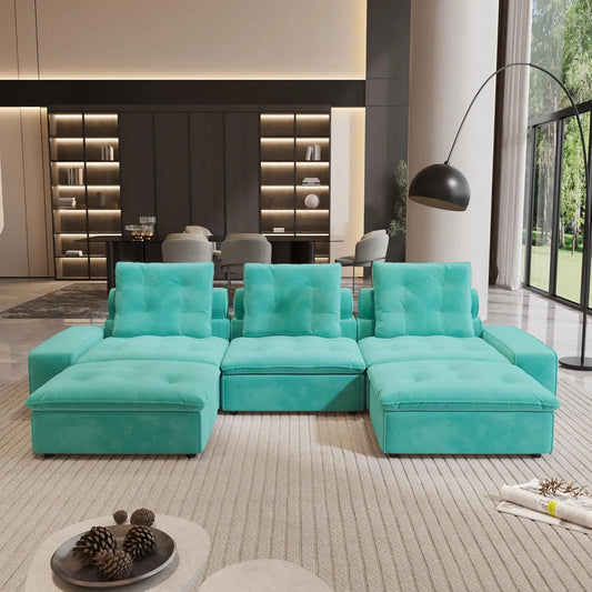 Premium Adjustable Cloud Sectional Couches | 5-Piece Velvet Tiffany Blue Creative Curved Corner U-Shaped Sectionals 3-seaters with 2-Ottomans