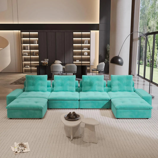 Premium Adjustable Cloud Sectional Couches | 6-Piece Velvet Tiffany Blue Pet-Proof Luxury U-Shaped Sectionals 4-seaters with 2-Ottomans