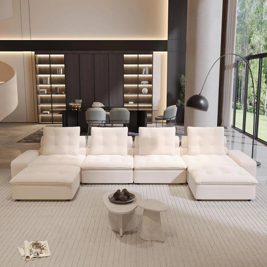 Premium Adjustable Cloud Sectional Couches | 6-Piece Velvet Beige Sculptural Softness U-Shaped Sectionals 4-seaters with 2-Ottomans