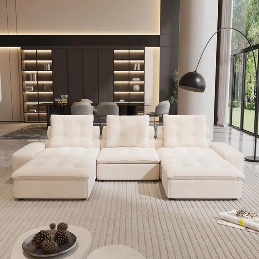 Premium Adjustable Cloud Sectional Couches | 5-Piece Velvet Beige Pet-Friendly Fabric U-Shaped Sectionals 3-seaters with 2-Ottomans