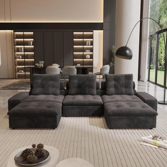 Premium Adjustable Cloud Sectional Couches | 5-Piece Velvet Grey Sleek Modern Silhouette U-Shaped Sectionals 3-seaters with 2-Ottomans
