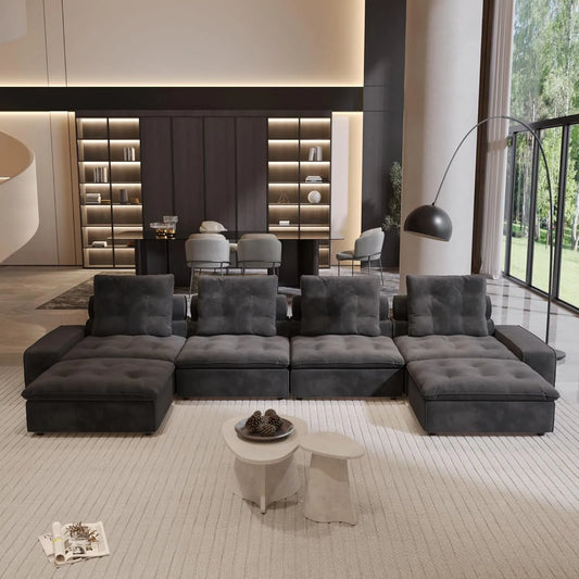 Premium Adjustable Cloud Sectional Couches | 6-Piece Velvet Grey Modular Design U-Shaped Sectionals 4-seaters with 2-Ottomans