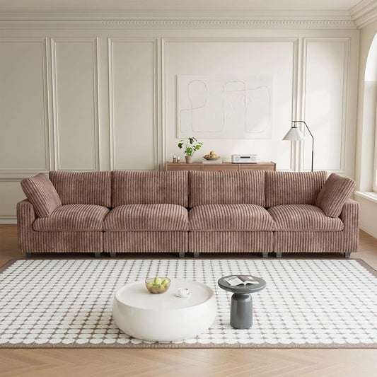 Premium Classic Cloud Sectional Couches | 4-Piece Plush Fabric Brown Big Comfy Shape Couch Sectionals 4-seaters