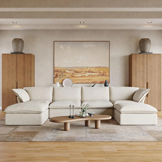 Premium Linen Cloud Sectional Couches | 6-Piece Linen Beige Rich Fancy Velvet U-Shaped Sectionals 4-seaters with 2-Ottomans