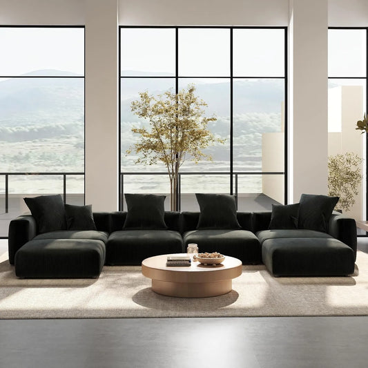 Exclusive Modern Modular Couches | 6-Piece Corduroy Black Hidden Sleek Sofa Legs U-Shaped Sectionals 4-seaters with 2-Ottomans