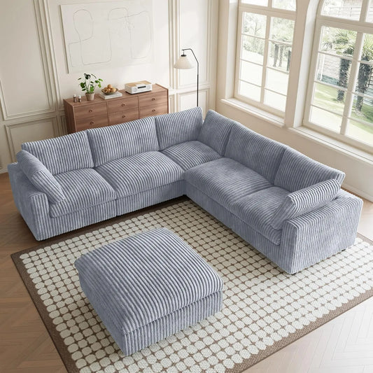 Premium Classic Cloud Sectional Couches | 6-Piece Plush Fabric Light Grey Supported Seating Sofa Sets 5-seaters with 1-Ottomans