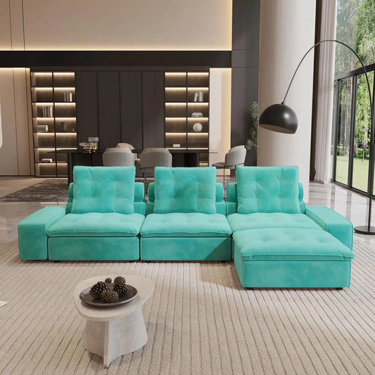Premium Adjustable Cloud Sectional Couches | 4-Piece Velvet Tiffany Blue Pet-Proof Luxury L-Shaped Sectionals 3-seaters with 1-Ottomans