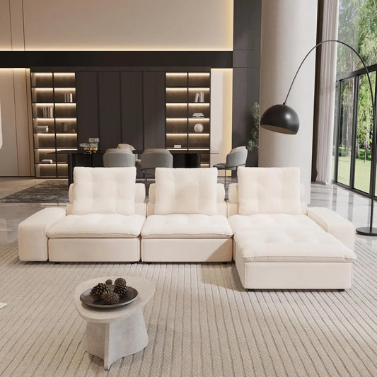 Premium Adjustable Cloud Sectional Couches | 4-Piece Velvet Beige Sleek Modern Silhouette L-Shaped Sectionals 3-seaters with 1-Ottomans
