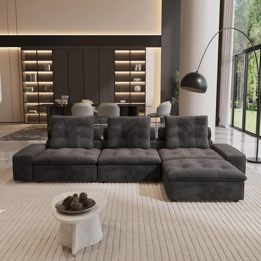 Premium Adjustable Cloud Sectional Couches | 4-Piece Velvet Grey Creative Curved Corner L-Shaped Sectionals 3-seaters with 1-Ottomans