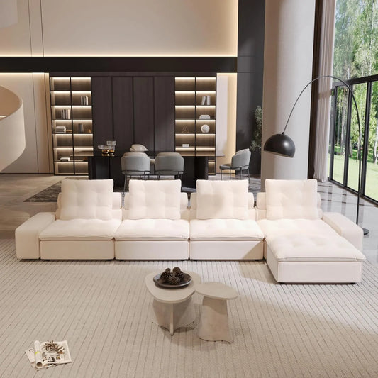 Premium Adjustable Cloud Sectional Couches | 5-Piece Velvet Beige Multi-Layer Cushioning L-Shaped Sectionals 4-seaters with 1-Ottomans